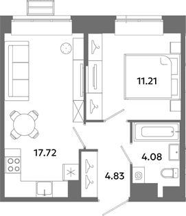 Планировка: Евродвушка 37,8 м² в ЖК «Загляденье»