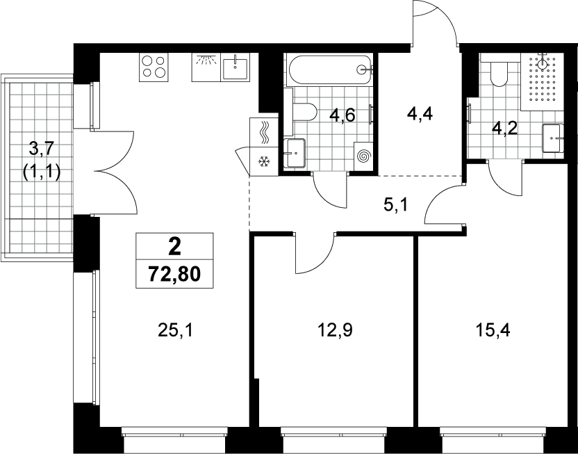 Планировка: Евротрёшка 71,7 м² в ЖК «Хольм»