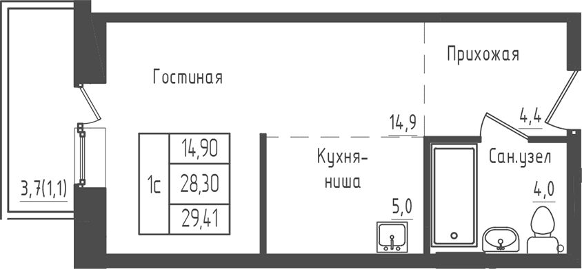 Планировка: Студия 28,3 м² в ЖК «Зеленый город»