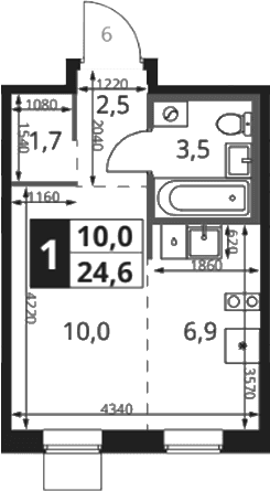 Планировка: Студия 24,6 м² в ЖК «1-й Ясеневский»