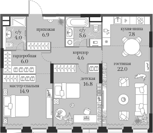 Планировка: 2-комнатная квартира 88,6 м² в ЖК «Муза»