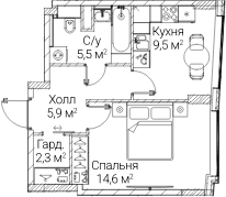 Планировка: 1-комнатная квартира 37,5 м² в ЖК «СЕЗАР БУДУЩЕЕ»