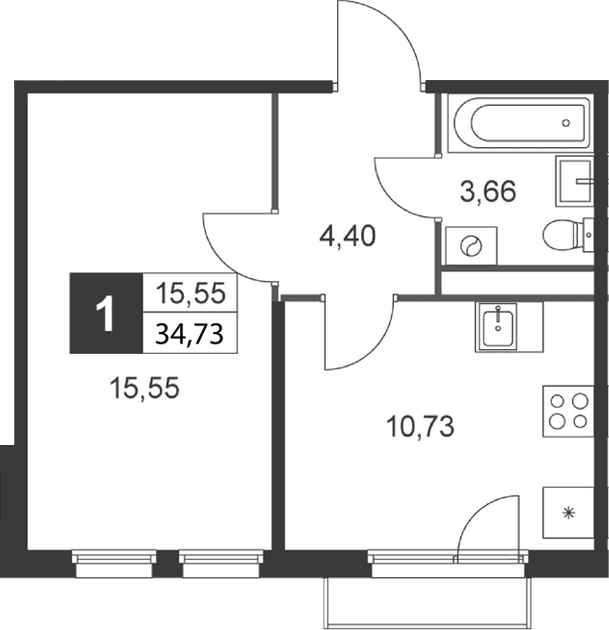 Планировка: 1-комнатная квартира 34,7 м² в ЖК «Слобода»