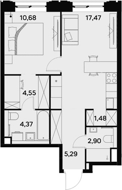 Планировка: Евродвушка 46,7 м² в ЖК «УЛЬТИМА Сити»