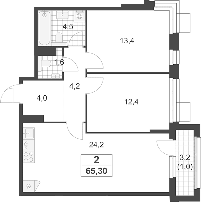 Планировка: Евротрёшка 64,3 м² в ЖК «Южные сады»
