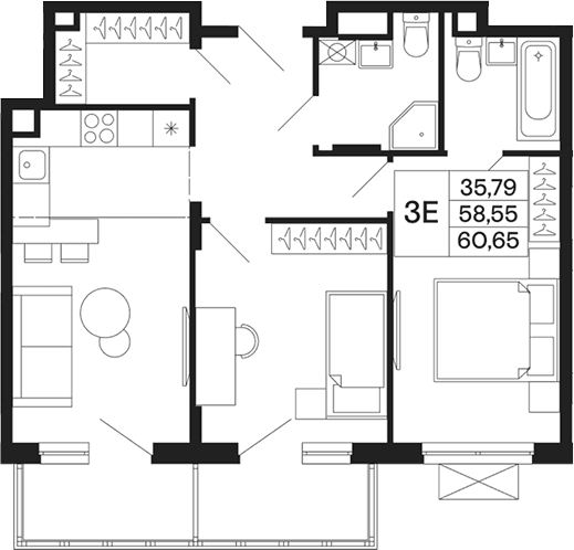 Планировка: Евротрёшка 58,6 м² в ЖК «Базаева 11»