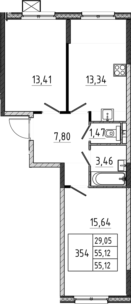 Планировка: 2-комнатная квартира 55,1 м² в ЖК «Поварово-Молодежный-2»