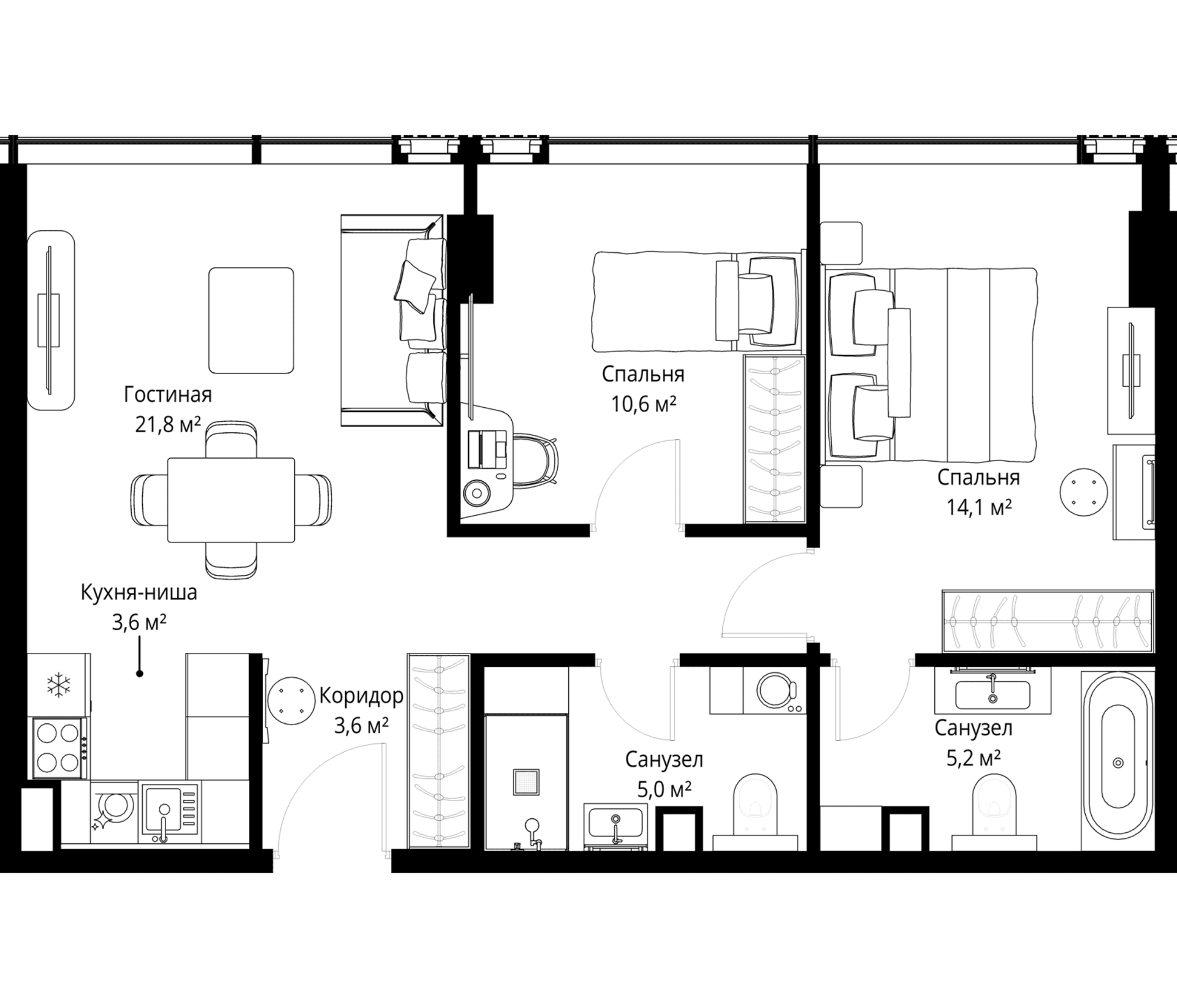 Планировка: Евротрёшка 63,9 м² в ЖК «Слава»