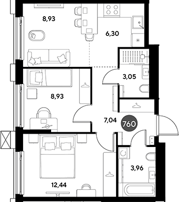 Планировка: Евротрёшка 50,7 м² в ЖК «ЭВО»