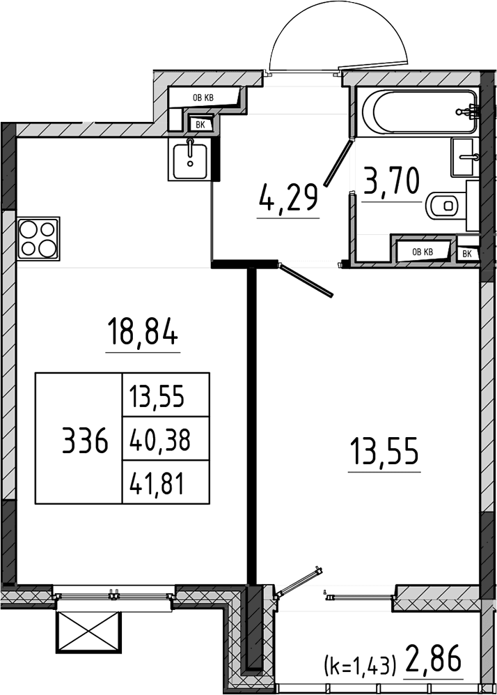 Планировка: Евродвушка 40,4 м² в ЖК «Поварово-Молодежный-2»