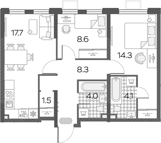 Планировка: Евротрёшка 58,5 м² в ЖК «Лучи»
