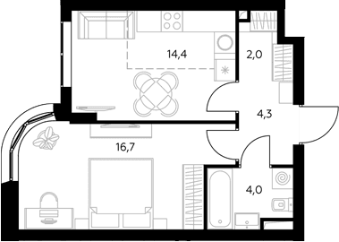 Планировка: 1-комнатная квартира 41,2 м² в ЖК «Адмирал»