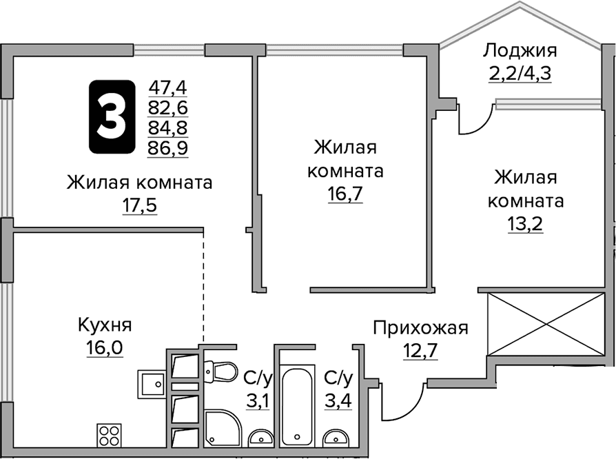 3-комнатная квартира