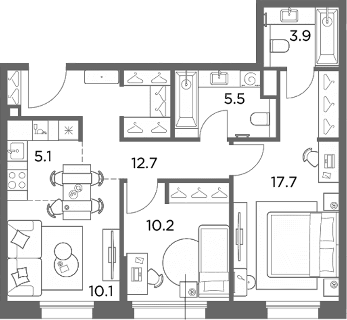 Планировка: Евротрёшка 65,2 м² в ЖК «Станиславский»