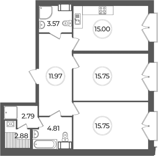 Планировка: Евротрёшка 72,5 м² в ЖК «Дуалист»