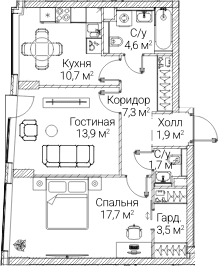 Планировка: 2-комнатная квартира 61,3 м² в ЖК «СЕЗАР БУДУЩЕЕ»