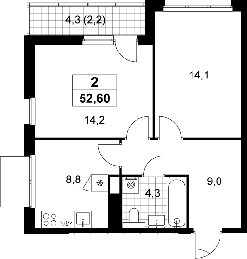 Планировка: 2-комнатная квартира 50,4 м² в ЖК «Деснаречье»