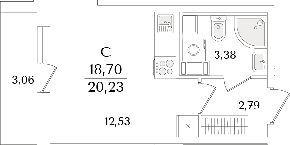 Планировка: Студия 18,7 м² в ЖК «Кинопарк»