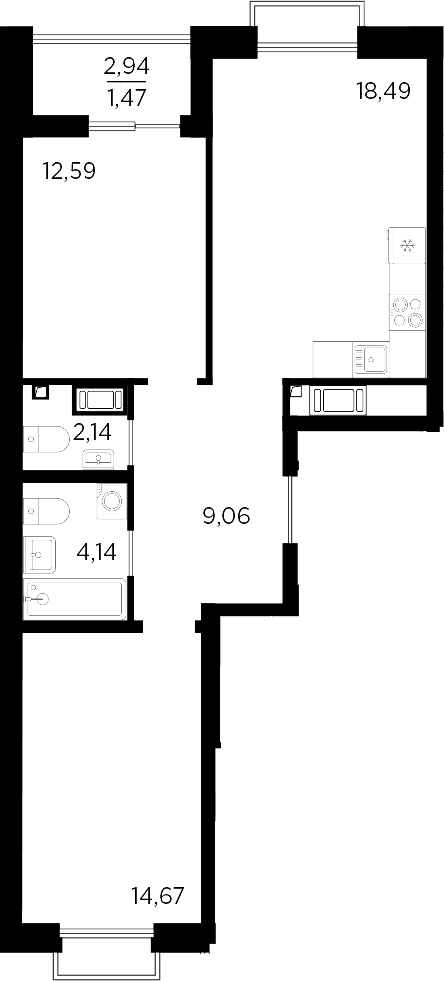 Планировка: Евротрёшка 61,1 м² в ЖК «Респект»