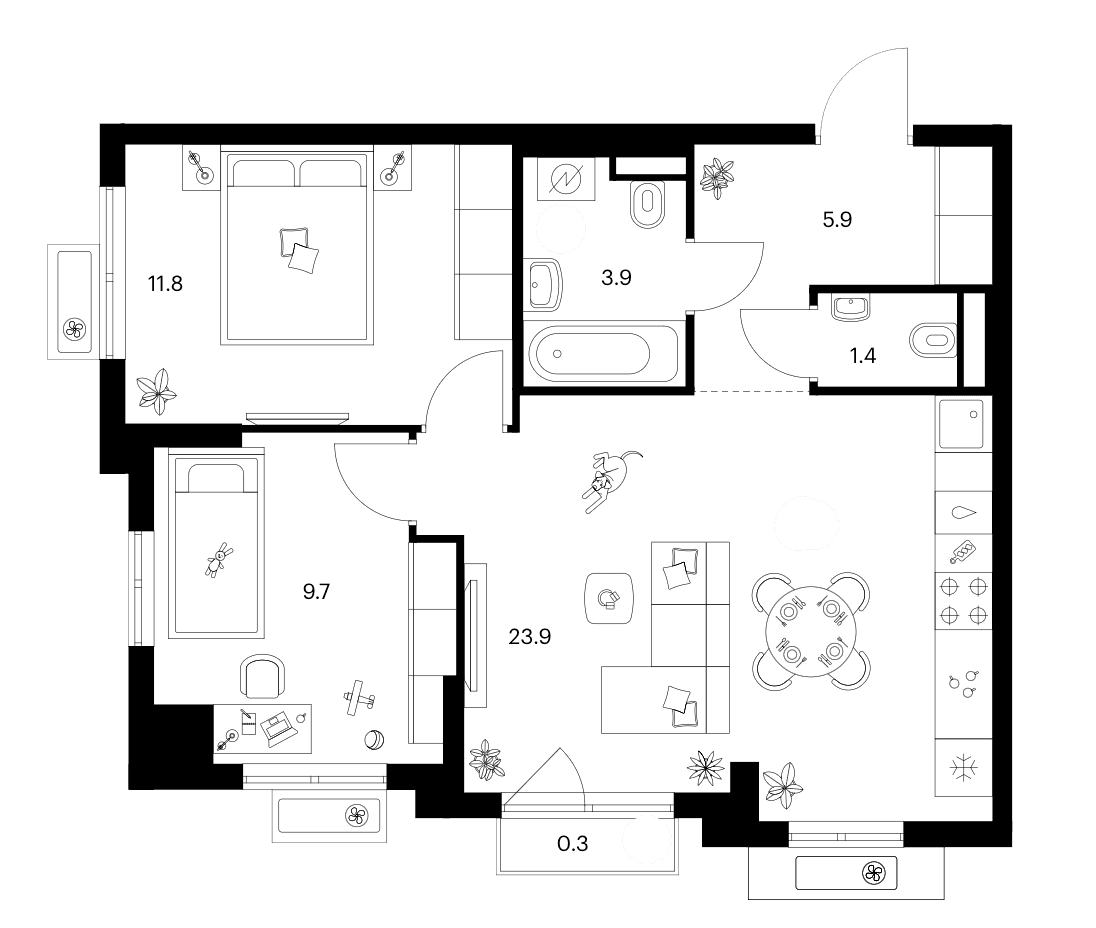 Планировка: 2-комнатная квартира 56,6 м² в ЖК «Ярославский»