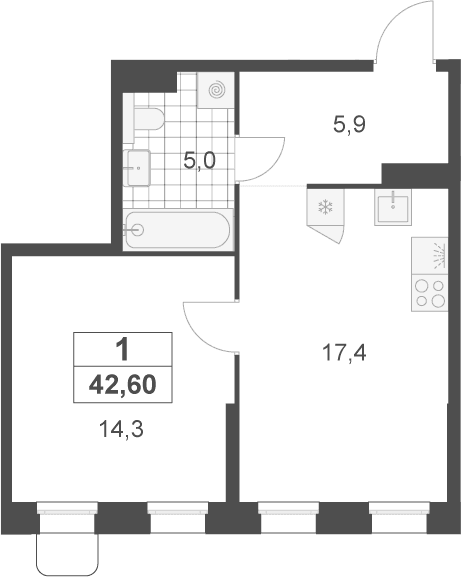 Планировка: Евродвушка 42,6 м² в ЖК «Деснаречье»