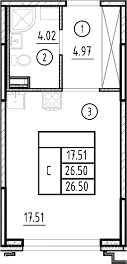 Планировка: Студия 26,5 м² в ЖК «Ассамблея»
