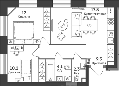 Планировка: Евротрёшка 55,7 м² в ЖК «ЭРА»