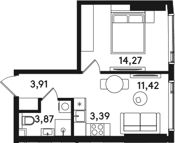 Планировка: Евродвушка 36,9 м² в ЖК «СОЛОС»