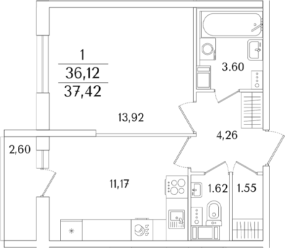 Планировка: 1-комнатная квартира 36,1 м² в ЖК «Кинопарк»