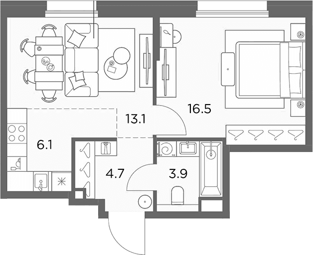 Планировка: Евродвушка 44,3 м² в ЖК «Станиславский»