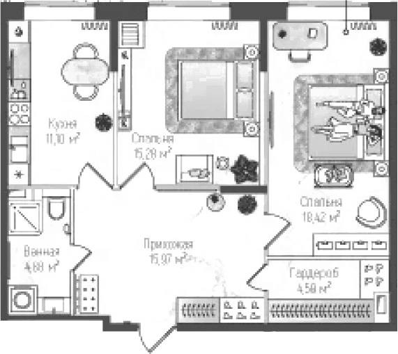 Планировка: 2-комнатная квартира 70,2 м² в ЖК «Рига Хиллс»