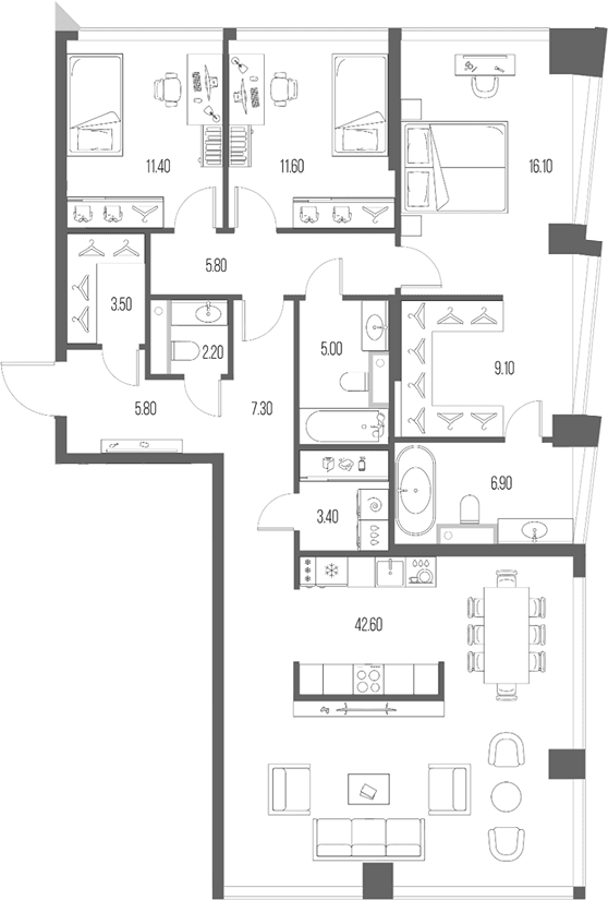 Планировка: 3-комнатная квартира 130,7 м² в ЖК «Северный Порт»