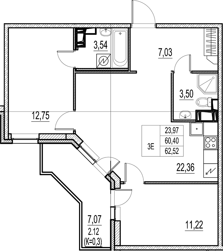 Планировка: Евротрёшка 60,4 м² в ЖК «Город-спутник Южный»