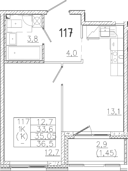 Планировка: 1-комнатная квартира 33,6 м² в ЖК «Лисино»
