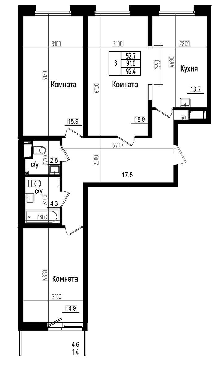 3-комнатная квартира