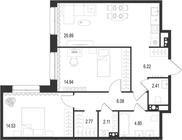 Планировка: Евротрёшка 74,8 м² в ЖК «Остров Первых»