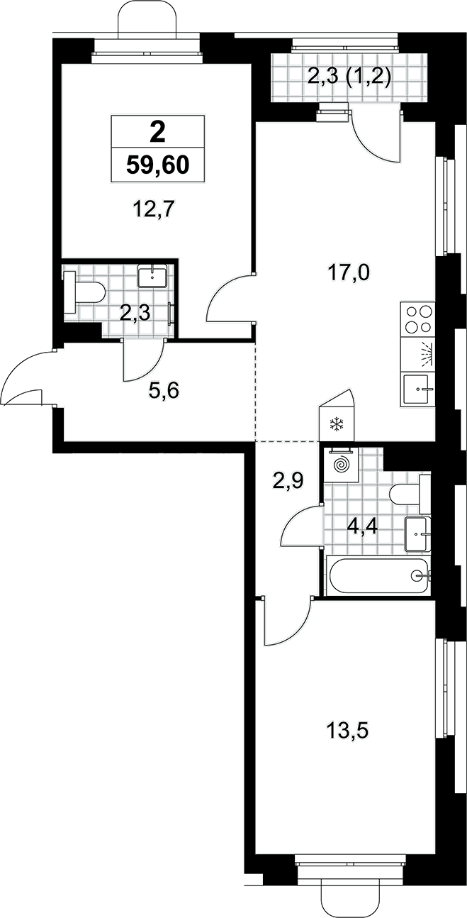 Планировка: Евротрёшка 58,4 м² в ЖК «Прокшино»