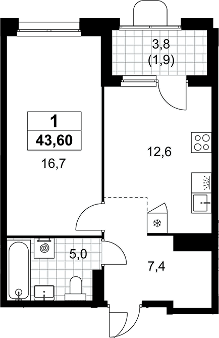 Планировка: 1-комнатная квартира 41,7 м² в ЖК «Прокшино»