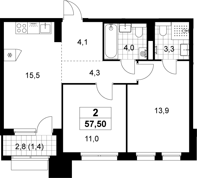 Планировка: 2-комнатная квартира 56,1 м² в ЖК «Деснаречье»