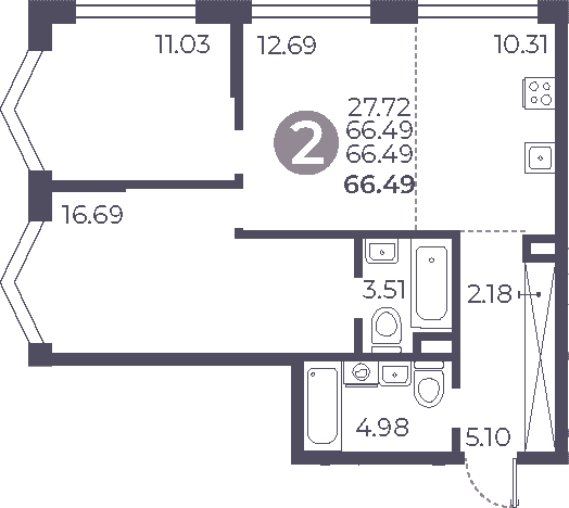 Планировка: 2-комнатная квартира 66,5 м² в ЖК «Мневники от Гранель»