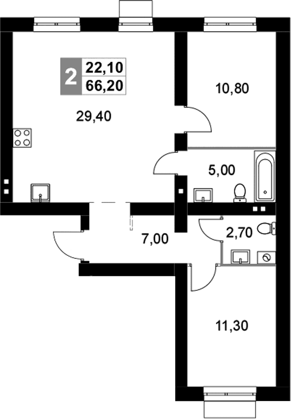 Планировка: Евротрёшка 66,2 м² в ЖК «Апрелевка Клаб»