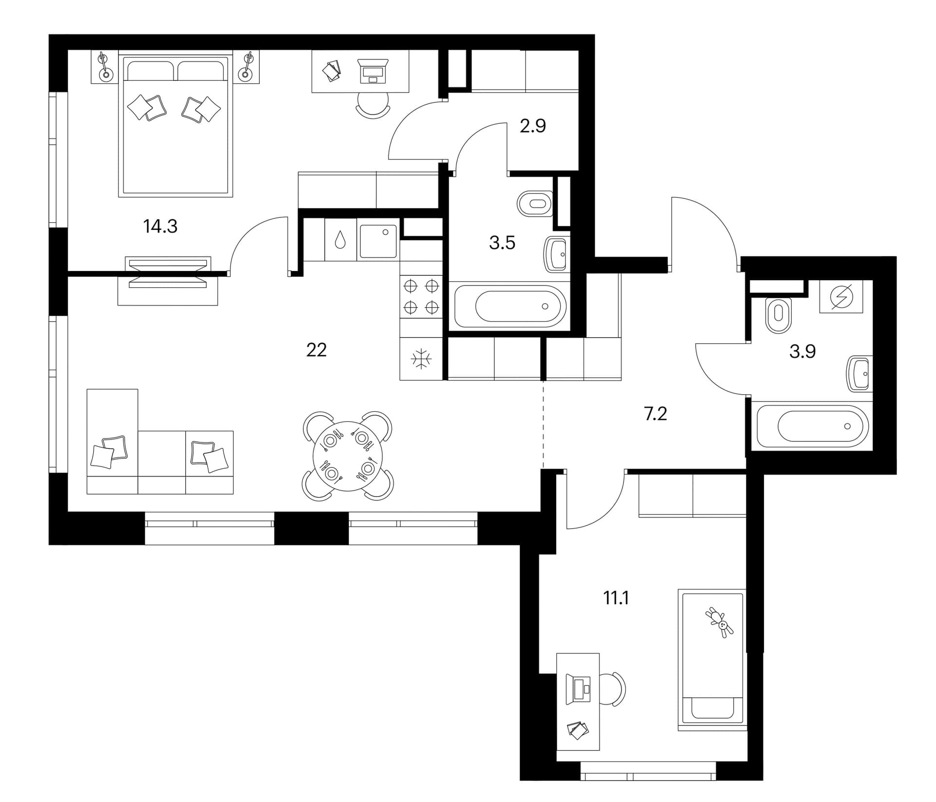 Планировка: 2-комнатная квартира 64,9 м² в ЖК «Зеленый парк»