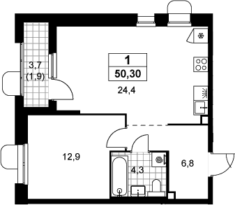 Планировка: Евродвушка 48,4 м² в ЖК «Прокшино»
