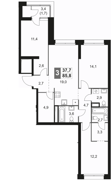 Планировка: Квартира евро-4 84,1 м² в ЖК «Скай Гарден»
