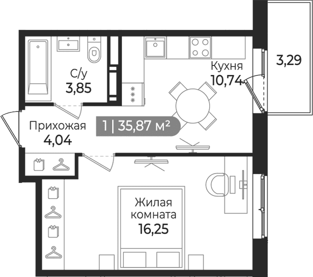 Планировка: 1-комнатная квартира 34,9 м² в ЖК «Квинта»