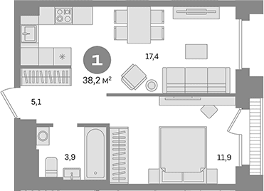 Планировка: 1-комнатная квартира 38,2 м² в ЖК «Квартал Герцена»