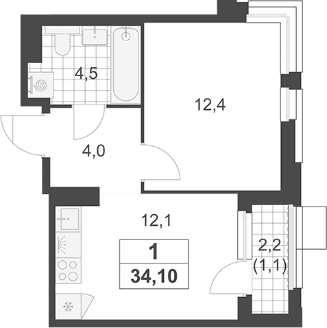 Планировка: 1-комнатная квартира 33 м² в ЖК «Южные сады»