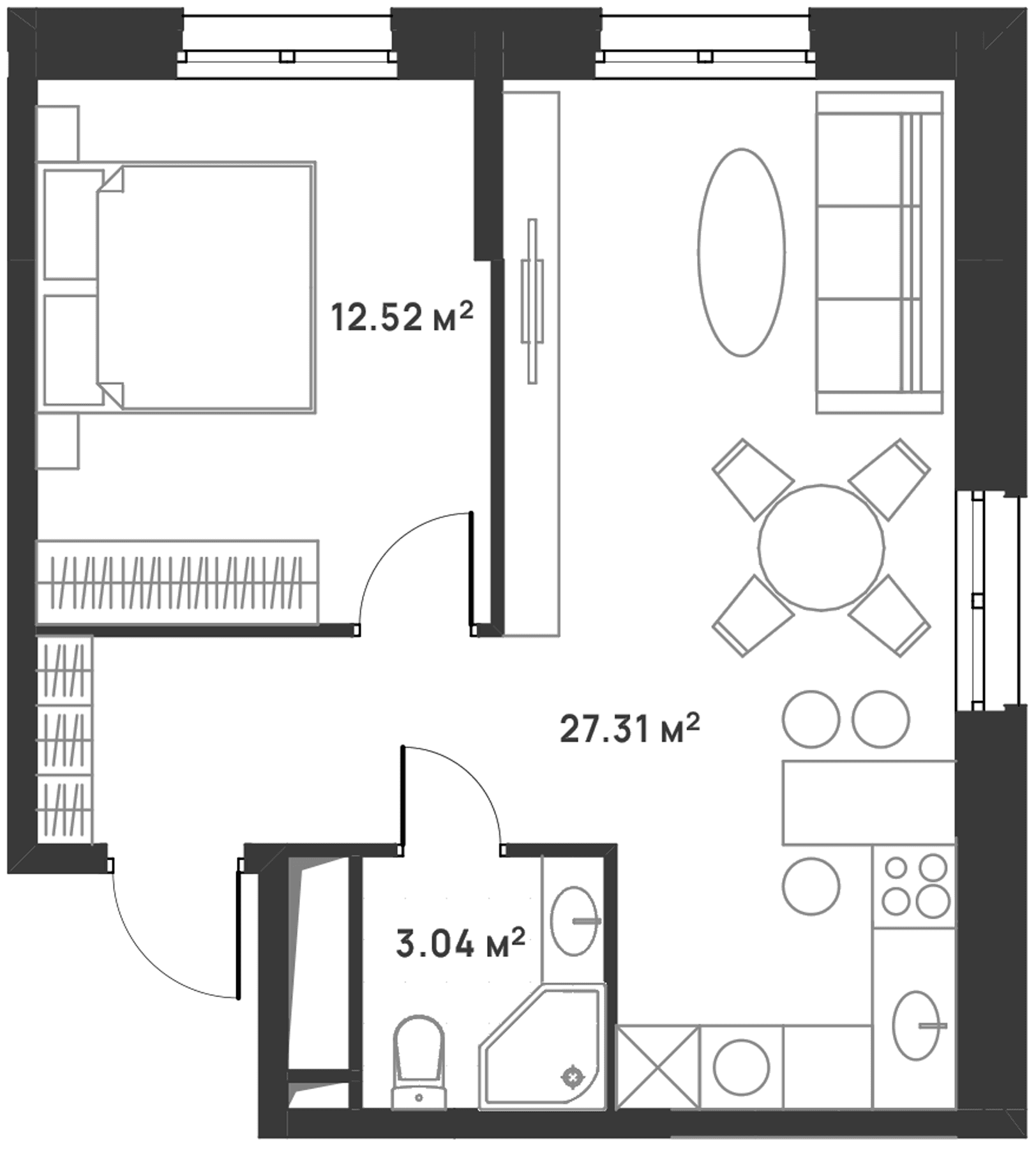 Планировка: Евродвушка 42,9 м² в ЖК «Дюна»