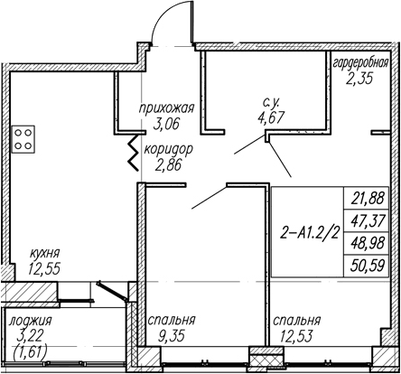 Планировка: 2-комнатная квартира 47,4 м² в ЖК «Уютный Новоселье»
