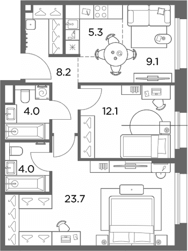 Планировка: Евротрёшка 66,4 м² в ЖК «Станиславский»